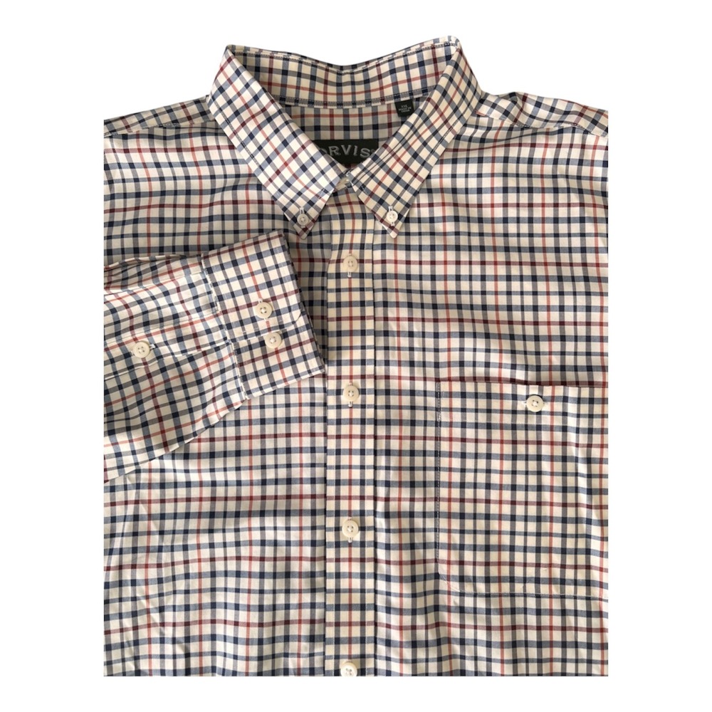 Orvis Mens XXL Button Down Shirt 100% Cotton Tattersall Plaid Long Sleeve Navy